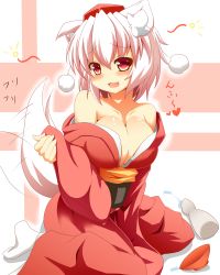 Rule 34 | 1girl, absurdres, alcohol, animal ears, bad id, bad pixiv id, bare shoulders, blush, bottle, breasts, cleavage, cup, drunk, fang, female focus, hajime (ak-r), hat, heart, highres, inubashiri momiji, japanese clothes, kimono, large breasts, looking at viewer, off shoulder, open mouth, red eyes, sakazuki, sake, short hair, sitting, solo, squeans, tail, tail wagging, tokin hat, touhou, wariza, wolf ears, wolf tail