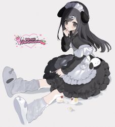 1girl animal_ears apron black_dress cake commission crying dog_ears dress food highres looking_at_viewer maid maid_headdress mechiru open_mouth original simple_background sitting slippers socks solo tears white_apron white_background white_footwear white_socks