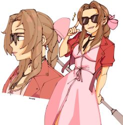 Rule 34 | 1girl, 3amsoda, adjusting eyewear, aerith gainsborough, artist name, bow, braid, braided ponytail, breasts, brown hair, cleavage, cropped jacket, dress, final fantasy, final fantasy vii, final fantasy vii rebirth, final fantasy vii remake, green eyes, hair bow, highres, jacket, long hair, medium breasts, multiple views, open clothes, open jacket, pink bow, pink dress, pink lips, ponytail, red jacket, short sleeves, smile, sunglasses, white background