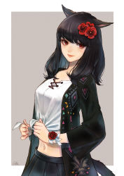 Rule 34 | 1girl, absurdres, warrior of light (ff14), black hair, black jacket, black skirt, cam (cammero95713700), cat tail, final fantasy, final fantasy xiv, flower, hair flower, hair ornament, hibiscus, highres, jacket, long sleeves, looking to the side, medium hair, midriff, miqo&#039;te, navel, red eyes, ribbon, shirt, simple background, skirt, slit pupils, smile, solo, tail, tied shirt, tying, white shirt, wide sleeves