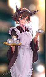 Rule 34 | 1girl, alternate costume, apron, brown hair, cup, dated, enmaided, green eyes, harusame tsubaki, headgear, highres, holding, holding saucer, holding tray, kantai collection, looking at viewer, maid, maid apron, mutsu (kancolle), one-hour drawing challenge, saucer, short hair, signature, smile, solo, teacup, teapot, tray, wa maid