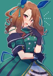 Rule 34 | 1girl, amny599, animal ears, asymmetrical gloves, bare shoulders, belt, belt buckle, black gloves, bow, brown hair, buckle, buttons, commentary, dotted line, dress, ear covers, ear ribbon, gloves, green background, green dress, green jacket, green ribbon, hair ribbon, highres, horse ears, horse girl, jacket, king halo (umamusume), looking at viewer, medium hair, mismatched gloves, multiple belts, off shoulder, ojou-sama pose, open mouth, outline, red eyes, ribbon, simple background, smile, solo, symbol-only commentary, umamusume, upper body, white dress, white outline