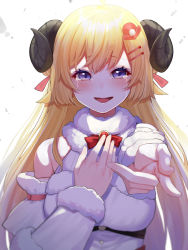 Rule 34 | 1girl, bare shoulders, blonde hair, blush, breasts, commentary request, crying, crying with eyes open, hair between eyes, highres, hololive, horns, long hair, looking at viewer, mikan (chipstar182), open mouth, sheep girl, sheep horns, solo, tears, tongue, tsunomaki watame, tsunomaki watame (1st costume), virtual youtuber