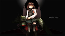 Rule 34 | 10s, 1girl, akabane rin, bike shorts, black background, brown eyes, brown hair, character name, cowboy shot, dark background, headgear, highres, kantai collection, long sleeves, looking at viewer, mecha musume, pleated skirt, skirt, solo, taihou (kancolle), thighhighs