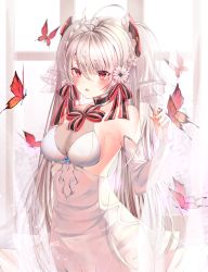 Rule 34 | 1girl, absurdres, antenna hair, azur lane, bare shoulders, blush, breasts, bridal gauntlets, bridal veil, bug, butterfly, cleavage, dress, flower, fudge 0 0, hair between eyes, hair flower, hair ornament, headgear, highres, insect, jewelry, long hair, looking at viewer, medium breasts, multicolored hair, open mouth, prinz eugen (azur lane), prinz eugen (symphonic fate) (azur lane), red eyes, ring, silver hair, solo, two side up, veil, very long hair, wedding band, wedding dress, white dress, white flower, window