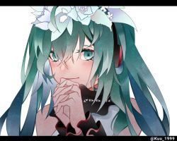 Rule 34 | ahoge, aqua eyes, aqua hair, bad id, bad pixiv id, bless you (module), blush, fingernails, flower, hair between eyes, hair flower, hair ornament, hatsune miku, headphones, highres, kuu 1999, letterboxed, long fingernails, looking at viewer, own hands clasped, own hands together, portrait, project diva (series), project diva f 2nd, rose, solo, twintails, twitter username, vocaloid, white background, white flower, white rose