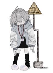 Rule 34 | 1girl, ahoge, antenna hair, black skirt, black socks, blush, collared shirt, dress shirt, full body, grey eyes, grey hair, hair intakes, highres, hougetsu (moon neetcat), hunched over, jacket, kneehighs, lanyard, leaning to the side, letterman jacket, long hair, long sleeves, loose socks, messy hair, open clothes, open jacket, open mouth, original, pencil skirt, pigeon-toed, road sign, romaji text, shirt, sign, simple background, skirt, slippers, socks, solo, standing, straight-on, tareme, translation request, warning sign, white background, white shirt