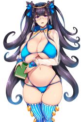 Rule 34 | 1girl, absurdres, bare shoulders, bikini, blue bikini, blue thighhighs, blush, book, breasts, cleavage, collarbone, double bun, fate/grand order, fate (series), glasses, hair bun, highres, holding, holding book, huge breasts, long hair, long sleeves, looking at viewer, murasaki shikibu (fate), murasaki shikibu (swimsuit rider) (fate), murasaki shikibu (swimsuit rider) (third ascension) (fate), navel, open mouth, see-through, simple background, smile, swimsuit, thighhighs, thighs, tsukasawa takamatsu, very long hair, white background