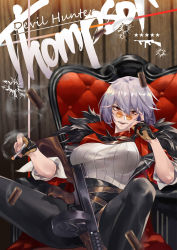 Rule 34 | 1girl, belt, black-framed eyewear, black footwear, black gloves, black pants, breasts, bullet, bullet hole, chair, character name, cigarette, fingers to cheek, fur trim, girls&#039; frontline, gloves, gun, half-closed eyes, half gloves, high heels, highres, holding, holding cigarette, jacket, jiji (pixiv10646874), large breasts, long sleeves, looking at viewer, looking over eyewear, looking over glasses, official alternate costume, open clothes, open jacket, open mouth, orange-tinted eyewear, orange-tinted glasses, pants, partially fingerless gloves, purple hair, reclining, red eyes, red jacket, shell casing, short hair, sitting, smile, smoke, smoke trail, solo, spread legs, standing, star (symbol), submachine gun, sunglasses, teeth, thompson (demon hunter) (girls&#039; frontline), thompson (girls&#039; frontline), tinted eyewear, tsurime, upper body, weapon