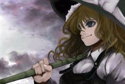 Rule 34 | 1girl, black dress, blonde hair, brown eyes, closed mouth, cloud, cloudy sky, dress, female focus, hat, kirisame marisa, looking afar, over shoulder, puffy short sleeves, puffy sleeves, shirt, short sleeves, sky, smile, solo, touhou, uousa-ou, upper body, white shirt, witch hat