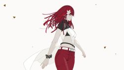 Rule 34 | 1girl, belt, breasts, closed mouth, d.k, denim, flower, hair flower, hair ornament, highres, jeans, long hair, mixed-language commentary, navel, nier (series), nier:automata, pants, popola, red hair, simple background, solo, white background