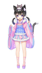 Rule 34 | 1girl, animal, animal ears, animal on head, bad id, bad pixiv id, black hair, cat, cat ears, cat on head, dress, fang, highres, japanese clothes, long hair, on head, open mouth, original, purple eyes, sandals, simple background, socks, solo, stella chen yui, striped clothes, striped socks, tail, twintails, white background