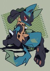 Rule 34 | 1other, closed mouth, commentary, creatures (company), full body, furry, game freak, gen 4 pokemon, highres, looking back, lucario, nintendo, orange fur, outstretched arm, pokemon, pokemon (creature), red eyes, rushin, solo, spikes, symbol-only commentary
