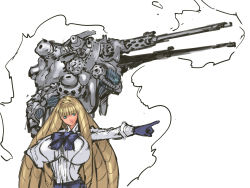 Rule 34 | 1girl, absurdres, big hair, black gloves, blonde hair, blue eyes, breasts, cannon, drill hair, gloves, hand on own hip, highres, huge breasts, jojo no kimyou na bouken, long hair, nameo (judgemasterkou), ojou (nameo), original, pointing, pointing forward, simple background, solo, stand (jojo), very long hair