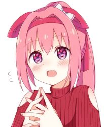 Rule 34 | 1girl, :d, animal ears, blush, bow, clothing cutout, commentary request, ear bow, ear covers, fingers together, flower in eye, flying sweatdrops, haru urara (umamusume), headband, highres, horse ears, long hair, looking at viewer, mesushio, open mouth, pink hair, ponytail, purple eyes, red sweater, ribbed sweater, shoulder cutout, simple background, smile, solo, split mouth, steepled fingers, sweater, symbol in eye, turtleneck, turtleneck sweater, umamusume, upper body, white background, white bow