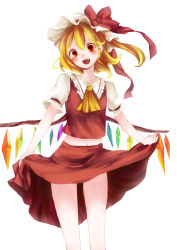 Rule 34 | 1girl, :d, ascot, blonde hair, blush, fang, female focus, flandre scarlet, hat, highres, itak69, long hair, open mouth, red eyes, side ponytail, simple background, skirt, skirt hold, skirt set, smile, solo, touhou, white background, wings