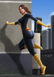 Rule 34 | 10s, 1girl, against wall, armpits, ass, belt, bodysuit, boots, breasts, brown hair, building, city, closed mouth, cloud, crack, dated, day, elbow gloves, from side, full body, gloves, grey hair, iury padilha, kitty pryde, knee boots, kneepits, leg lift, leg up, light smile, lips, lipstick, long hair, looking at viewer, looking back, makeup, marvel, outdoors, outstretched arms, realistic, rooftop, shadow, shadowcat, signature, skin tight, sky, skyscraper, smile, solo, spread arms, standing, standing on one leg, superhero costume, thighs, through wall, tiptoes, x-men, yellow footwear, yellow gloves