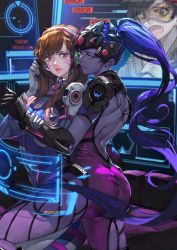 Rule 34 | 2girls, animal print, arm grab, arm guards, armor, ass, back, black hair, blue hair, bodysuit, bracer, breasts, brown eyes, brown hair, budinger, colored skin, couch, d.va (overwatch), english text, eyelashes, facial mark, floating screen, gloves, glowing, goggles, hand on another&#039;s arm, head-mounted display, headphones, highres, large breasts, lips, long hair, looking at another, looking at viewer, monitor, multiple girls, outstretched hand, overwatch, overwatch 1, parted lips, pauldrons, pilot suit, pink eyes, ponytail, purple hair, purple lips, purple skin, rabbit print, red lips, short sleeves, shoulder armor, skin tight, swept bangs, tracer (overwatch), very long hair, visor, whisker markings, white gloves, widowmaker (overwatch), yellow eyes, yuri