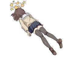 Rule 34 | 1girl, black skirt, brown footwear, brown hair, brown thighhighs, cardigan, commentary, face down, hair ornament, head bump, jacket, loafers, long sleeves, lying, miniskirt, momomatang, on stomach, original, sail, seeing stars, shoes, short hair, simple background, skirt, solo, star (symbol), symbol-only commentary, thighhighs, white background, yellow jacket, zettai ryouiki