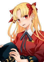 Rule 34 | 1girl, :d, blonde hair, blue hat, breasts, ereshkigal (fate), ereshkigal (under the same sky) (fate), fate/grand order, fate (series), hair ribbon, hat, highres, long hair, looking at viewer, medium breasts, open mouth, red eyes, ribbon, simple background, sin seishun, smile, solo, unworn hat, unworn headwear, white background