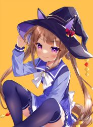 Rule 34 | 1girl, :p, animal ears, black thighhighs, blush, brown hair, commentary request, hair rings, haruhitooo, highres, horse ears, horse girl, horse tail, purple eyes, revision, school uniform, simple background, sitting, skirt, solo, sweep tosho (umamusume), tail, thighhighs, tongue, tongue out, tracen school uniform, twintails, umamusume, yellow background