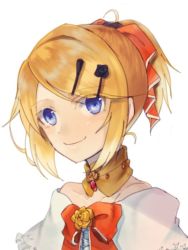 Rule 34 | 1girl, aku no musume (vocaloid), bare shoulders, black flower, black rose, blonde hair, blue eyes, bow, choker, collarbone, dress bow, earrings, evillious nendaiki, flower, hair bow, hair ornament, hairclip, jewelry, kagamine rin, looking at viewer, mayo (mayone-u), portrait, riliane lucifen d&#039;autriche, rose, smile, solo, updo, vocaloid, yellow flower, yellow rose