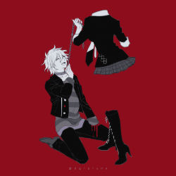 Rule 34 | 1boy, 1girl, :d, artist name, black shirt, blood, boleum (dgrpluna), boots, chain, collar, collarbone, cross-laced footwear, danganronpa (series), danganronpa another episode: ultra despair girls, enoshima junko, hand up, highres, holding, holding chain, invisible, jacket, knee boots, kneeling, lace-up boots, leash, medium hair, metal collar, miniskirt, nail polish, necktie, open clothes, open jacket, open mouth, red background, shirt, shoes, simple background, skirt, smile, striped clothes, striped sweater, sweater, teeth, upper teeth only