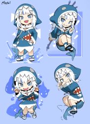 Rule 34 | 1girl, :3, absurdres, blue background, blue eyes, blue hair, blush, chibi, closed mouth, fins, firstw1, fish tail, gawr gura, grin, highres, hololive, hololive english, long sleeves, looking at viewer, medium hair, multicolored hair, multiple views, open mouth, parted lips, shark girl, shark tail, sharp teeth, shoes, smile, sneakers, tail, teeth, twitter username, upper teeth only, virtual youtuber, white footwear, white hair