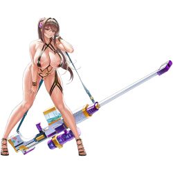 Rule 34 | 1girl, anti-materiel rifle, areola slip, bikini, bikini top only, black bikini, black footwear, black pasties, bracelet, breasts, brown eyes, brown hair, cleavage, collarbone, covered erect nipples, criss-cross halter, duct tape, english text, flower, from below, full body, game cg, gluteal fold, grin, groin, groin tendon, gun, hair between eyes, hair flower, hair ornament, halterneck, hand on own thigh, heart bikini, heart maebari, hibiscus, high heels, highres, holding, holding gun, holding weapon, huge breasts, huge weapon, jewelry, last origin, leaning forward, legs apart, linea alba, long hair, looking at viewer, maebari, micro bikini, nail polish, navel, necklace, nipple slip, nipples, official alternate costume, official art, open mouth, partially visible vulva, pasties, pink flower, ponytail, puffy nipples, purple flower, rifle, ring, royal arsenal, shiny skin, simple background, smile, sniper rifle, solo, standing, star sticker, sticker, strappy heels, swimsuit, tachi-e, taesi, tape, tape on nipples, tape on pussy, thick thighs, thigh strap, thighs, third-party source, transparent background, water gun, weapon, white nails