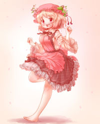 Rule 34 | 1girl, :d, aki minoriko, apron, arinu, barefoot, blonde hair, blush, cherry blossoms, commentary request, detached sleeves, food, fruit, full body, gradient background, grapes, hair ornament, hand up, hat, highres, layered skirt, looking at viewer, mob cap, open mouth, pink background, red eyes, short hair, simple background, skirt, smile, solo, standing, standing on one leg, teeth, touhou, upper teeth only