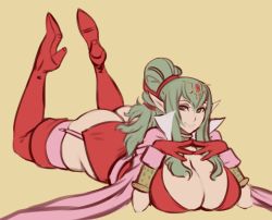 Rule 34 | 1girl, ass, breasts, cleavage, fire emblem, fire emblem awakening, full body, green eyes, green hair, huge breasts, live for the funk, long hair, looking at viewer, lying, nintendo, no bra, no panties, on stomach, pointy ears, smile, solo, tagme, the pose, tiki (fire emblem)