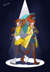 Rule 34 | 2girls, ace attorney, athena cykes, autumn-sacura, back-to-back, belt, black background, blouse, blue bow, blue dress, blue eyes, boots, bow, breasts, brown eyes, capcom, coat, collared shirt, crossover, detective, dress, fingerless gloves, ghost trick, gloves, hair ribbon, hairband, headband, high ponytail, highres, holding, holding umbrella, jacket, leggings, long hair, look-alike, lynne (ghost trick), multiple girls, necktie, orange hair, pantyhose, pointy hair, police badge, ponytail, ribbon, shadow, shirt, skirt, spotlight, trait connection, trench coat, umbrella, yellow jacket, yellow skirt, yuri