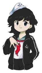 Rule 34 | 1girl, alternate costume, anchor symbol, aqua eyes, aqua sailor collar, arm behind back, black hair, black jacket, closed mouth, hat, jacket, long sleeves, looking at viewer, murasa minamitsu, neckerchief, nonamejd, official style, open clothes, open jacket, red neckerchief, sailor collar, school uniform, serafuku, shirt, short hair, simple background, smile, solo, touhou, track jacket, white background, white hat, white shirt, zipper, zipper pull tab, zun (style)