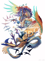 Rule 34 | absurdres, animal focus, bird, bird wings, claws, dated, dragon, earth (planet), eastern dragon, feathered wings, flock, full body, highres, horns, looking down, mane, monster, no humans, orange eyes, orange horns, original, planet, ran (yitanran), sample watermark, scales, signature, simple background, solo, tail, tassel, watermark, white background, wings
