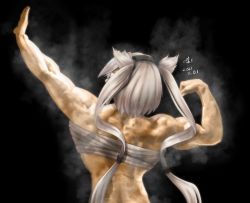 Rule 34 | 1girl, black legwear, budget sarashi, chest sarashi, commentary request, dark-skinned female, dark skin, from behind, kantai collection, musashi (kancolle), muscular, muscular female, one-hour drawing challenge, pointy hair, sarashi, silver hair, solo, steam, tk8d32, twintails, two side up, upper body