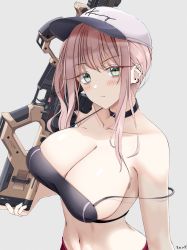 Rule 34 | 1girl, ar-57, ar-57 (girls&#039; frontline), artist name, assault rifle, bare shoulders, black choker, blush, breasts, carbine, choker, cleavage, closed mouth, collarbone, ear piercing, girls&#039; frontline, green eyes, grey background, gun, hat, highres, holding, holding gun, holding weapon, keenh, large breasts, looking at viewer, medium hair, navel, off shoulder, personal defense weapon, piercing, pink hair, pistol-caliber carbine, rifle, sidelocks, simple background, skindentation, solo, submachine gun, weapon