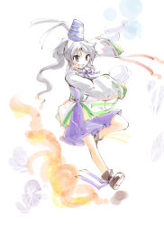 Rule 34 | 1girl, female focus, grey hair, hat, highres, holding, japanese clothes, kakao (noise-111), kariginu, long hair, long sleeves, mononobe no futo, open mouth, plate, ponytail, shoes, skirt, sleeves past wrists, smile, solo, tate eboshi, touhou