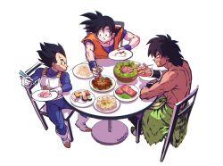 Rule 34 | 3boys, armor, artist name, bare back, black eyes, black hair, boots, broly (dragon ball super), chair, chopsticks, clothes around waist, dragon ball, dragon ball super, dragon ball super broly, eating, food, gloves, holding, holding chopsticks, holding food, looking at another, looking at hand, male focus, meat, multiple boys, muscular, plate, saiyan, scar, short hair, simple background, sitting, son goku, spiked hair, sushi, sweatdrop, table, topless male, vegeta, white gloves, widow&#039;s peak, wristband