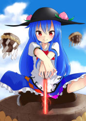 Rule 34 | 1girl, blouse, blue hair, blush, boots, bow, bowtie, cloud, crossed legs, day, food, fruit, full body, hands on hilt, hat, highres, hinanawi tenshi, indian style, kameyan, keystone, long hair, own hands together, peach, pillar, red eyes, rope, shimenawa, shirt, sitting, skirt, sky, smile, solo, sword of hisou, touhou