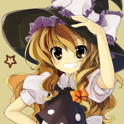Rule 34 | 1girl, blonde hair, brown hair, colorized, dress, female focus, gotou nao, grin, hand on own hip, hat, kirisame marisa, long hair, smile, solo, takanashie, touhou, upper body, witch, witch hat, yellow eyes