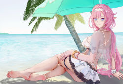 Rule 34 | 1girl, absurdres, barefoot, beach, beach umbrella, bikini, bikini skirt, blue eyes, breasts, closed mouth, eareay, elf, elysia (honkai impact), elysia (miss pink elf), elysia (miss pink elf) (honkai impact), feet, full body, highres, honkai (series), honkai impact 3rd, long hair, looking at viewer, looking back, official alternate costume, on floor, outdoors, palm tree, pink hair, pointy ears, ponytail, sand, see-through, shadow, sitting, smile, soles, solo, swimsuit, toes, tree, umbrella, water, white bikini