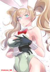 Rule 34 | 1girl, alternate costume, animal ears, bare legs, black gloves, blonde hair, blue eyes, bow, bowtie, breasts, commentary request, cowboy shot, detached collar, gambier bay (kancolle), gloves, green leotard, highres, kantai collection, large breasts, leotard, long hair, looking at viewer, playboy bunny, rabbit ears, solo, strapless, strapless leotard, tsukasa (tukasa br), twintails, twitter username, white bow, white bowtie, wrist cuffs