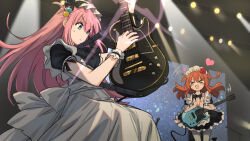 Rule 34 | &gt; &lt;, 2girls, apron, band-maid, blue eyes, blush, blush stickers, bocchi the rock!, bow, clapping, cube hair ornament, dress, electric guitar, flower, frills, gotoh hitori, guitar, hair between eyes, hair flower, hair ornament, heart, highres, holding, holding instrument, instrument, kita ikuyo, long hair, maid, maid apron, maid headdress, multiple girls, music, open mouth, pink hair, playing instrument, red flower, red hair, red rose, rose, sanada (tony2035176), smile, stage lights, sweat