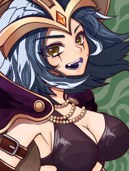 Rule 34 | 1girl, absurdres, arm belt, black hair, breasts, cleavage, green background, hair ornament, highres, kawaguti kappa, large breasts, league of legends, leblanc (league of legends), looking at viewer, makeup, open mouth, short hair, simple background, smile, solo, teeth, upper body, yellow eyes