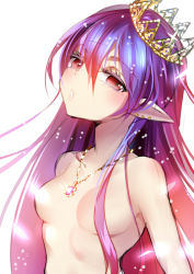 Rule 34 | 1girl, bad id, bad pixiv id, breasts, convenient censoring, crown, earrings, hair censor, jewelry, long hair, mvv, necklace, nude, original, pointy ears, purple hair, red eyes, small breasts, solo, upper body
