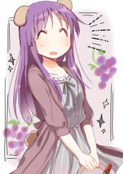 Rule 34 | 1girl, ^ ^, animal ears, basket, blush, closed eyes, collarbone, commentary request, dog ears, dog tail, dress, closed eyes, food, framed, fruit, grapes, hinata yukari, holding, holding basket, long hair, open mouth, purple hair, sketch, smile, solo, standing, star (symbol), tail, tatsunokosso, white background, yuyushiki