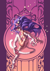 Rule 34 | 1girl, animal ears, animal hands, ass, bare shoulders, blue eyes, blue hair, body fur, breasts, capcom, cat ears, cat tail, claws, cover, cover page, dark-skinned female, dark skin, emily warren, felicia (vampire), frozenlilacs, long hair, matching hair/eyes, purple theme, smile, solo, tail, thighhighs, udon entertainment, underboob, vampire (game)