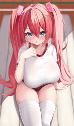 Rule 34 | 1girl, absurdres, blue eyes, breasts, buruma, collarbone, commentary request, commission, cube hair ornament, elegant (sumisumi4268), from above, gym uniform, hair between eyes, hair ornament, highres, large breasts, long hair, original, red buruma, red hair, shirt, sitting, skeb commission, solo, star (symbol), star hair ornament, thighhighs, thighs, twintails, white shirt, white thighhighs, wooden floor
