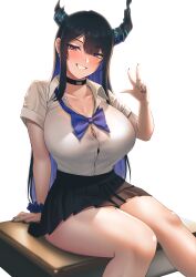 Rule 34 | 1girl, absurdres, alternate costume, asymmetrical horns, black nails, black skirt, blue bow, blue bowtie, blue hair, blush, bow, bowtie, bra visible through clothes, breasts, broken horn, button gap, cipher4109, cleavage, collarbone, collared shirt, colored inner hair, commentary, demon horns, desk, english commentary, fingernails, greyscale, grin, highres, hololive, hololive english, horns, huge breasts, index finger raised, large breasts, long fingernails, long hair, looking at viewer, looking back, loose bowtie, miniskirt, mole, mole on thigh, mole under eye, monochrome, multicolored hair, nerissa ravencroft, on desk, pleated skirt, red eyes, school desk, school uniform, scrunchie, shirt, sidelocks, simple background, sitting, on desk, skirt, smile, solo, tented shirt, uniform, variant set, very long hair, virtual youtuber, w, white background, white shirt, wrist scrunchie