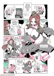 Rule 34 | ..., 2boys, 5girls, aircraft, airplane, alternate language, arcade cabinet, baseball cap, blush, bouncing breasts, breasts, comic, commentary, crane game, crowd, english commentary, english text, goggles, goggles around breasts, hat, heart, highres, holding, holding jar, holding wallet, jacket, jar, kiddie ride, large breasts, limited palette, long hair, military, military hat, military jacket, mimic, mimic chest, monster, monster girl, motion lines, multiple boys, multiple girls, original, patreon logo, patreon username, polybius, queue, shepherd0821, short ponytail, short sleeves, slime (substance), spoken dollar sign, spoken ellipsis, sweatdrop, teeth, television, tentacle hair, tentacles, treasure chest, wallet